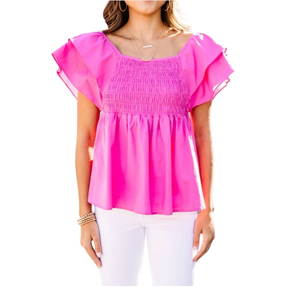 Umgee Women's Small Smocked Poplin Short Sleeve Layered Ruffle‎ Smocked Blouse